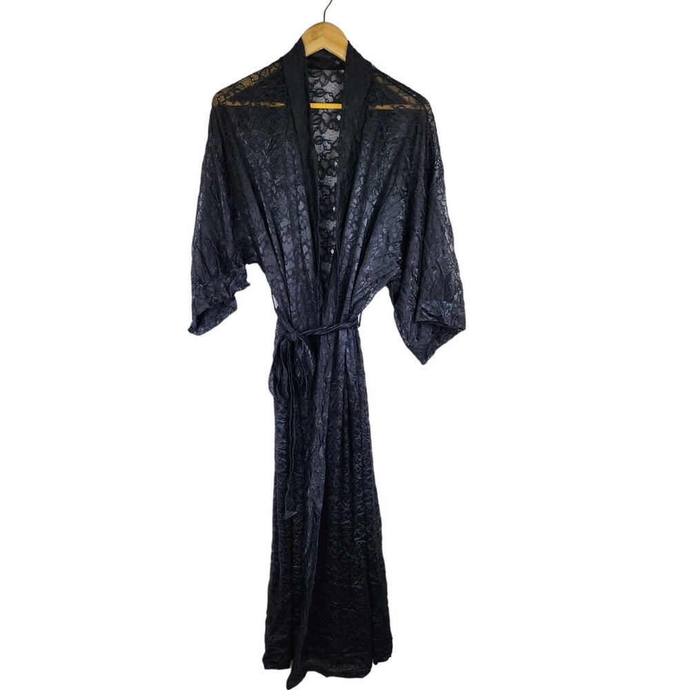 Vintage 80s OLGA Black Maxi Sheer Lace Kimono Sleeve Lingerie Belted Robe L/XL